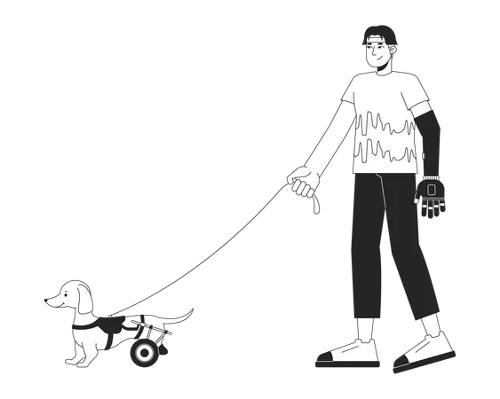 Disabled asian man walking wheelchaired dog  Illustration