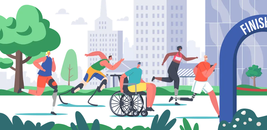 Disabled Athlete Characters Run City Marathon Sportsmen And Sportswomen On Wheelchair Or Bionic Leg Prosthesis Jogging Young Amputee Men Or Women Outdoors Running Cartoon People Vector Illustration Illustration