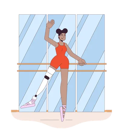 Disabled Ballerina Line Cartoon Flat Illustration African American Woman With Leg Prosthesis Dancing 2 D Lineart Character Isolated On White Background Disability Dancer Scene Vector Color Image Illustration
