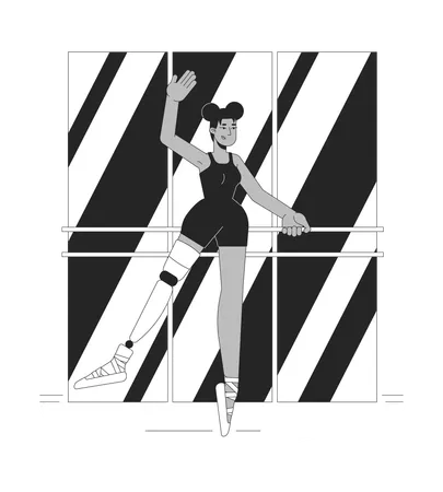 Disabled Ballerina Line Black And White Line Illustration African American Woman With Leg Prosthesis Dancing 2 D Lineart Character Isolated Disability Dancer Monochrome Scene Vector Outline Image Illustration