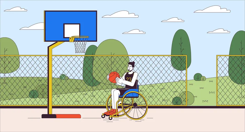 Disabled Basketball Player Man Cartoon Flat Illustration Wheelchaired Caucasian Male On Sports Ground 2 D Line Character Colorful Background Active Lifestyle Scene Vector Storytelling Image Illustration