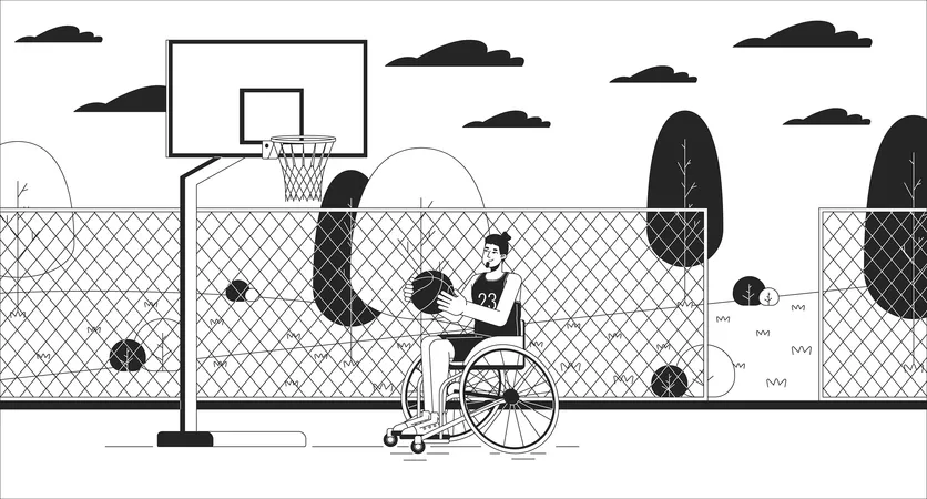 Disabled Basketball Player Man Black And White Line Illustration Wheelchaired Caucasian Male On Sports Ground 2 D Character Monochrome Background Active Lifestyle Outline Scene Vector Image Illustration