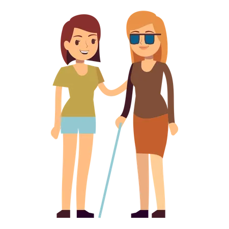 Disabled blind girl with friend  イラスト