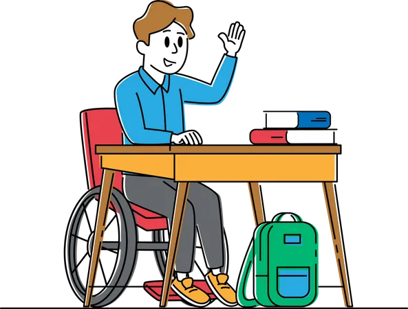 Disabled Boy in Wheelchair Sitting at Desk with Textbooks in Classroom Raising Hand  Illustration