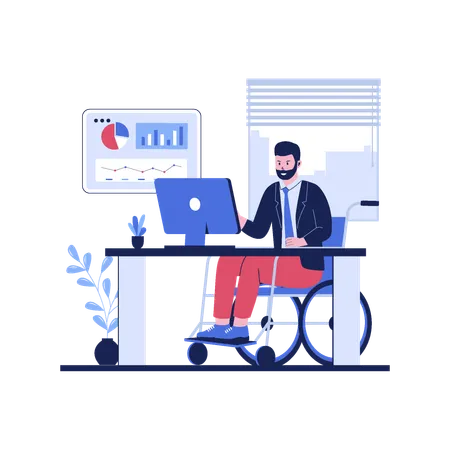 Disabled businessman working in office using wheelchair  Illustration