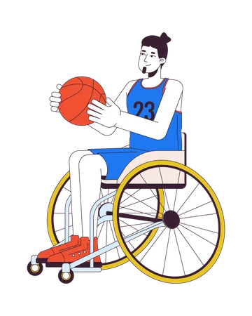 Disabled Caucasian Man Playing Basketball 2 D Linear Cartoon Character European Sportsman In Wheelchair Isolated Line Vector Person White Background Inclusion Care Color Flat Spot Illustration Illustration