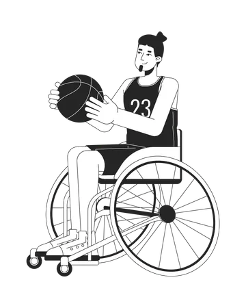 백인 장애인 농구 흑백 2 D 라인 만화 캐릭터를 연주하는 남자 휠체어 격리 벡터 개요 사람의 유럽 스포츠맨입니다 포함 단색 플랫 스팟 그림 일러스트레이션