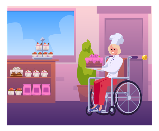 Disabled confectioner woman in wheelchair with a delicious cake in hands  Illustration