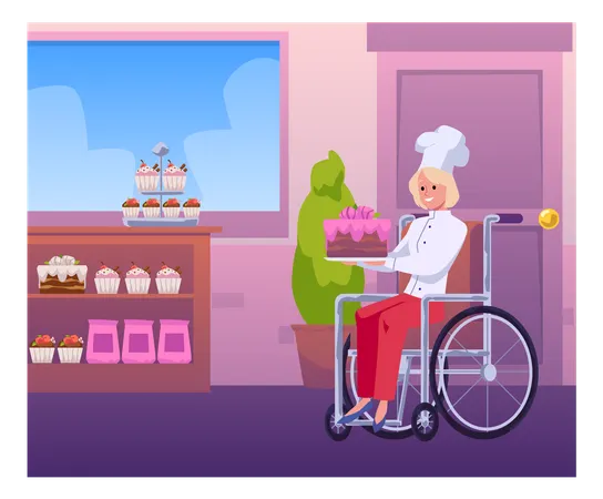 Disabled confectioner woman in wheelchair with a delicious cake in hands  Illustration