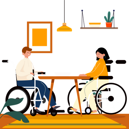 Disabled couple sitting on wheelchair having dinner  Illustration