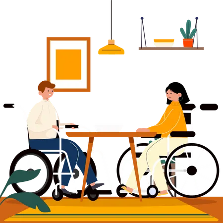 Disabled couple sitting on wheelchair having dinner  Illustration