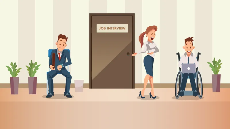 Disabled Employee Waiting for Job Interview at Door Illustration