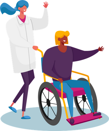 Disabled Female Riding Wheelchair with Nurse or Doctor Therapist Assistance  Illustration