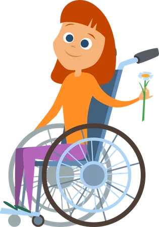 Disabled girl holding flower while sitting on wheelchair  Illustration