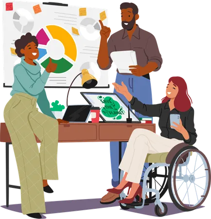 Disabled Woman On Wheelchair In Bustling Office With Colleagues Female Character Showcasing Resilience As She Contributes To Workplace With Skill And Determination Cartoon People Vector Illustration Illustration