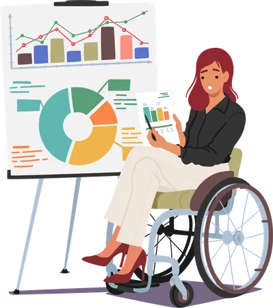 Determined Disabled Woman In A Wheelchair Confidently Delivers A Presentation In The Office Character Breaking Barriers With Her Strength And Resilience Inspiring Others With Her Inclusive Message Illustration