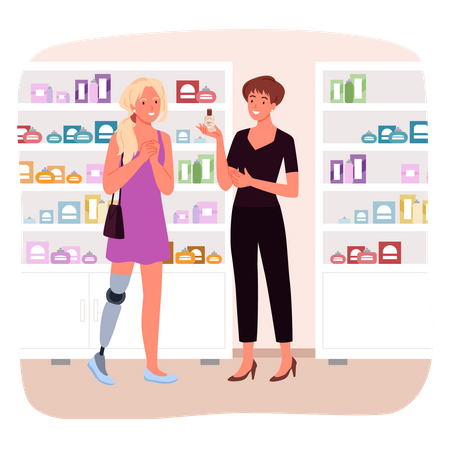 Disabled girl visiting fragrance shop  Illustration