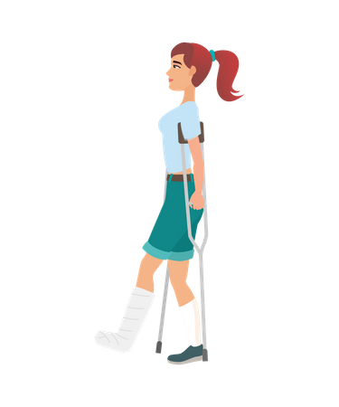 Disabled girl walking with crutches  Illustration