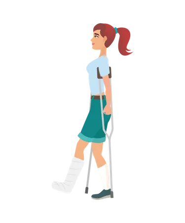 Disabled girl walking with crutches  Illustration