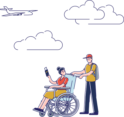 Disabled girl with boyfriend going to board airplane  Illustration
