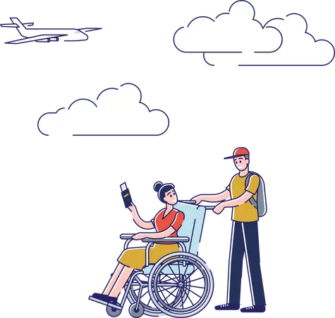 Disabled girl with boyfriend going to board airplane Illustration