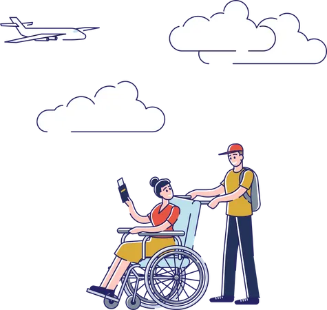 Disabled girl with boyfriend going to board airplane  Illustration