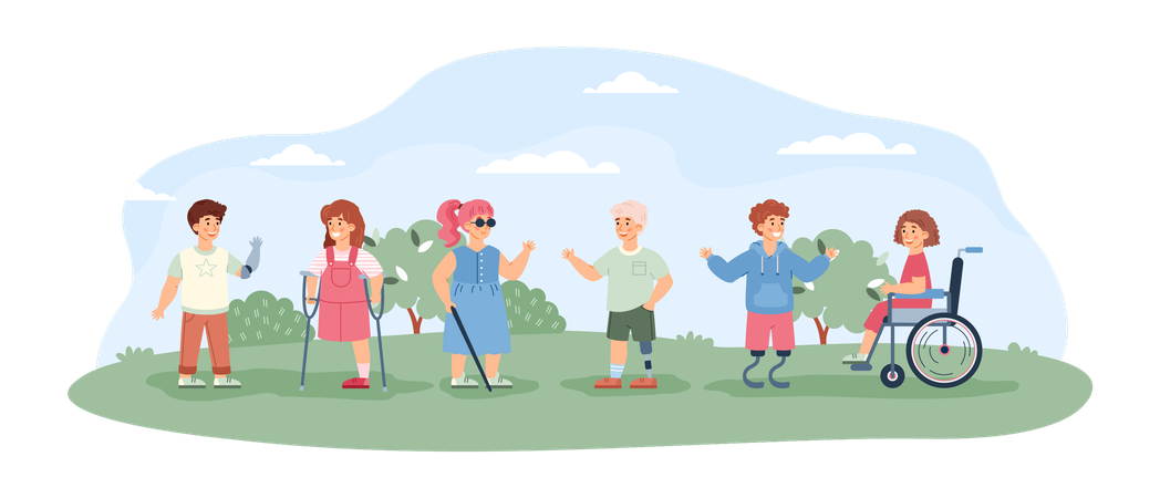 Disabled Kids Walking And Socializing  Illustration