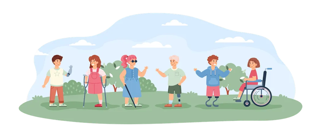 Disabled Kids Walking And Socializing  Illustration