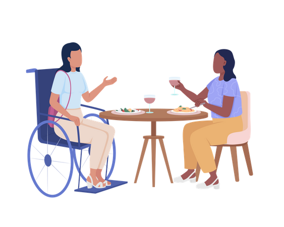 Disabled lady with friend in cafe  Illustration