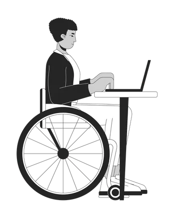 노트북 흑백 2 D 라인 만화 캐릭터 작업을 하는 장애인 라틴 남자 휠체어 격리 벡터 개요 사람의 히스패닉 남성 직원입니다 포함 단색 플랫 스팟 그림 일러스트레이션