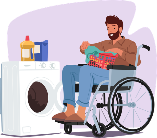 Disabled Male In Laundry Tasks And Daily Chores  Illustration