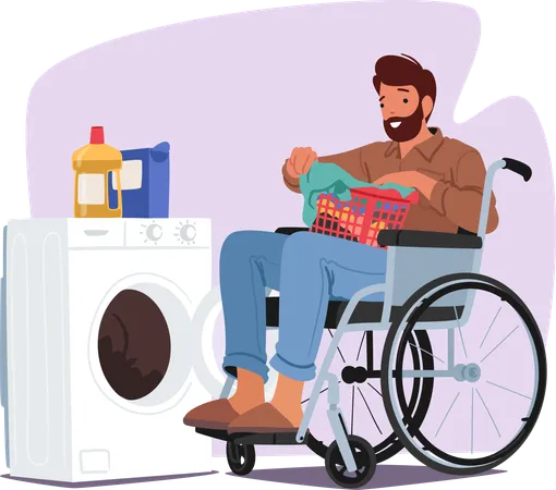 Disabled Male Character Showcasing Adapted Independence In Laundry Tasks And Daily Chores Man In A Wheelchair Putting Clothes In Washing Machine Showcasing Resilience Cartoon Vector Illustration Illustration