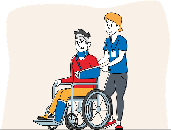 Disabled Male with Broken Hand and Leg Riding Wheelchair with Nurse Assistance  Illustration