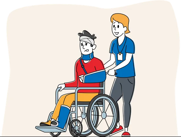 Disabled Male with Broken Hand and Leg Riding Wheelchair with Nurse Assistance  Illustration