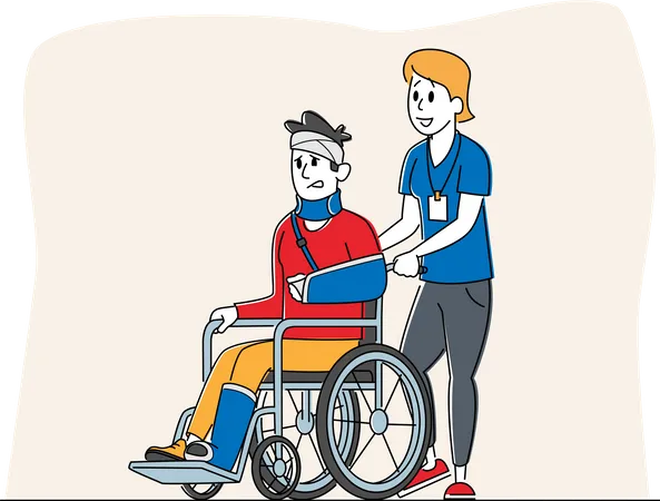 Disabled Male with Broken Hand and Leg Riding Wheelchair with Nurse Assistance Illustration