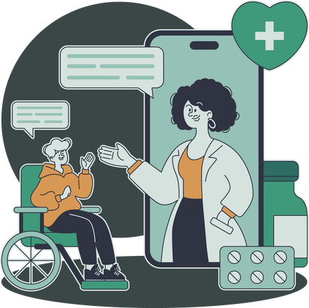 Disabled man consults doctor for his treatment  Illustration