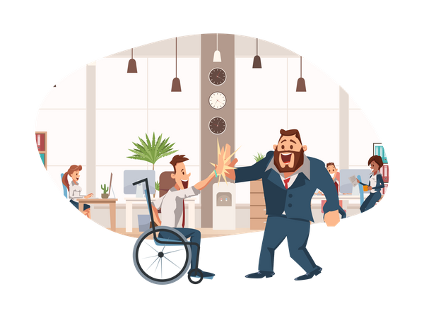 Disabled Man Giving High Five to Office Worker  Illustration