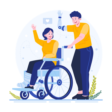 Disabled man helping woman push wheelchair  Illustration