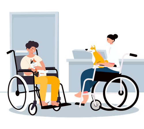 Disabled man holding lovely cat and woman holding dog  Illustration