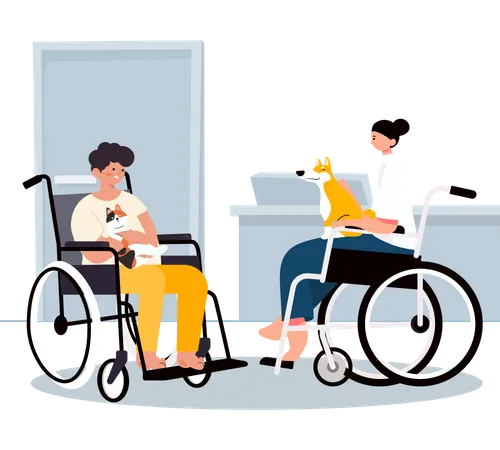 Disabled man holding lovely cat and woman holding dog Illustration