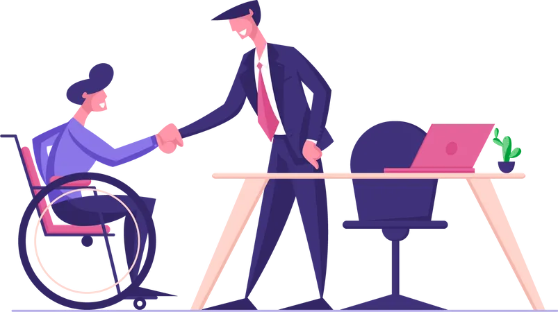 Disabled Man in Wheelchair Shaking Hand with Boss in Office  Illustration