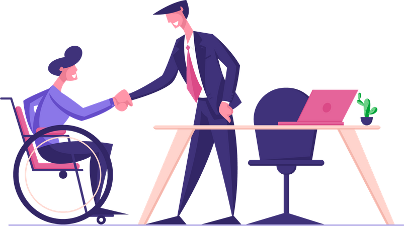 Disabled Man in Wheelchair Shaking Hand with Boss in Office  Illustration