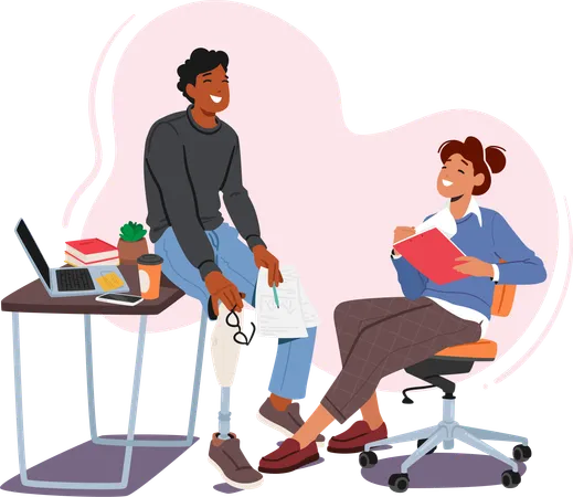 Disabled Man With A Leg Prosthesis Engages In A Friendly Conversation With A Colleague In The Bustling Office Character Showcasing Resilience And Inclusivity In The Workplace Vector Illustration Illustration