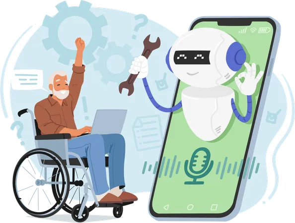 Chat Bot Assistant Helps Elderly Man On A Wheelchair Offers Technical Support Online With Compassion And Expertise Ready To Assist Users With A Friendly Demeanor Cartoon People Vector Illustration イラスト