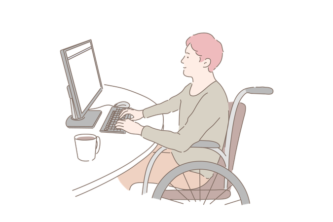 Disabled man is working on laptop  Illustration