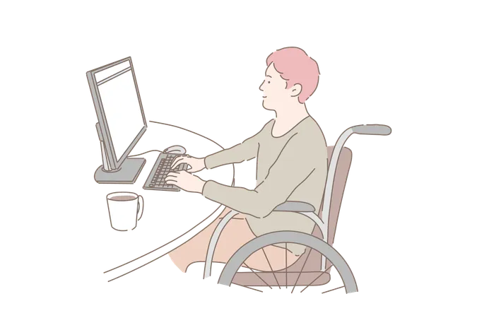 Disabled Individual At Work Concept Young Man In Wheelchair Working With PC Social Inclusion Of Handicapped People Paraplegic Programmers Freelance Career Opportunities Simple Flat Vector Illustration