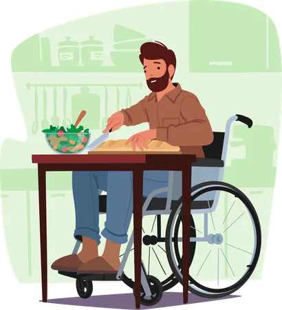 Disabled Man on wheelchair and cutting bread in Kitchen  Illustration