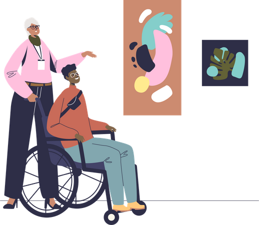 Disabled man on wheelchair visiting art gallery  Illustration