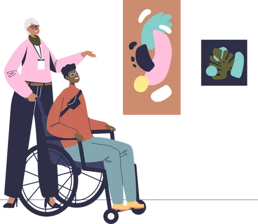 Disabled man on wheelchair visiting art gallery  Illustration