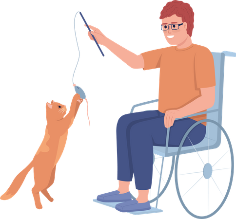 Disabled man playing with his cat  Illustration